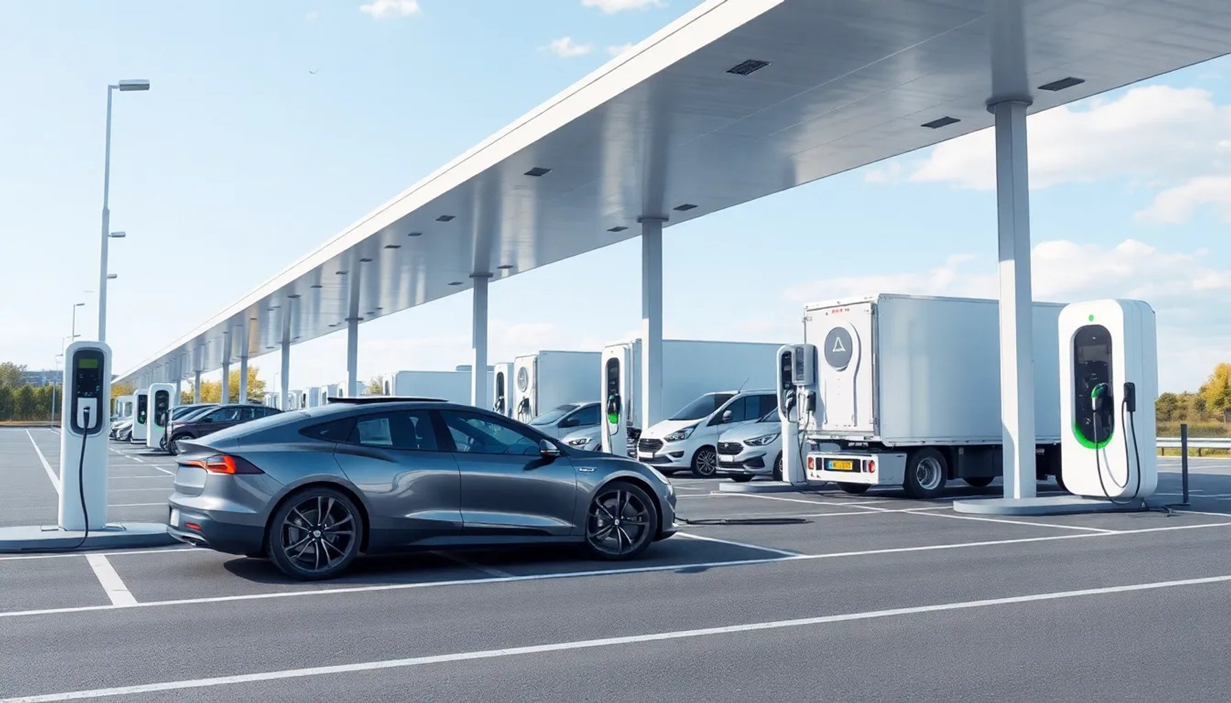 Estación de carga de 1 MW con varios vehículos eléctricos conectados en una autopista europea