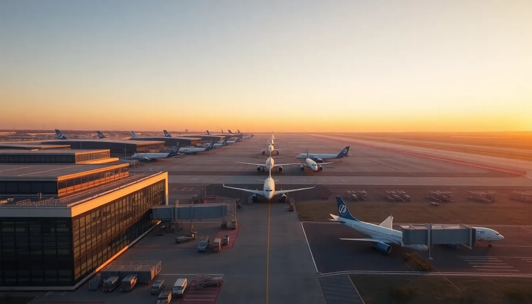 Vista aérea de un aeropuerto moderno con varias aeronaves en la pista y terminales iluminadas al atardecer