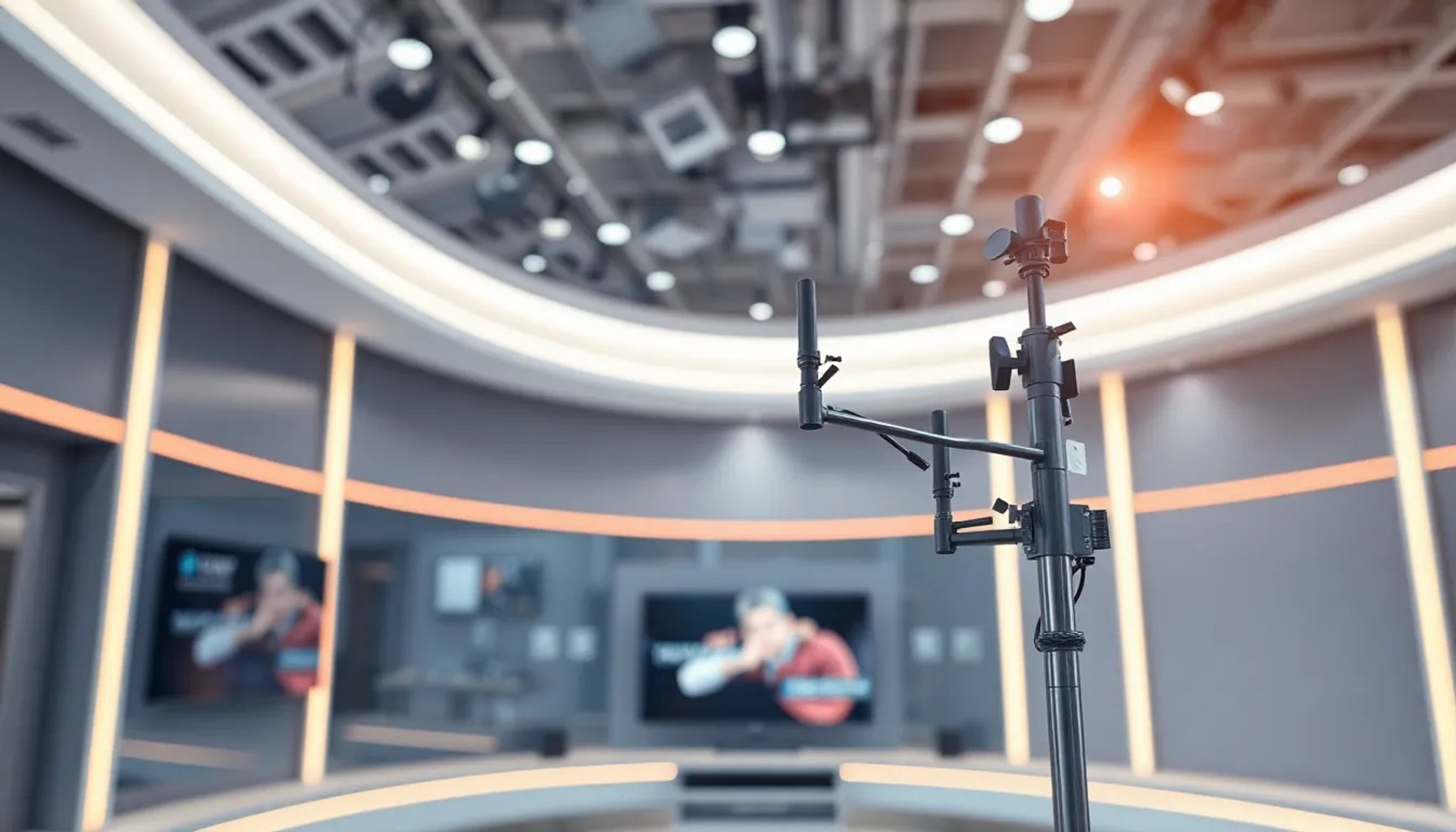 Illustración de una antena de televisión digital con señal de emisión y fondo de estudio de televisión