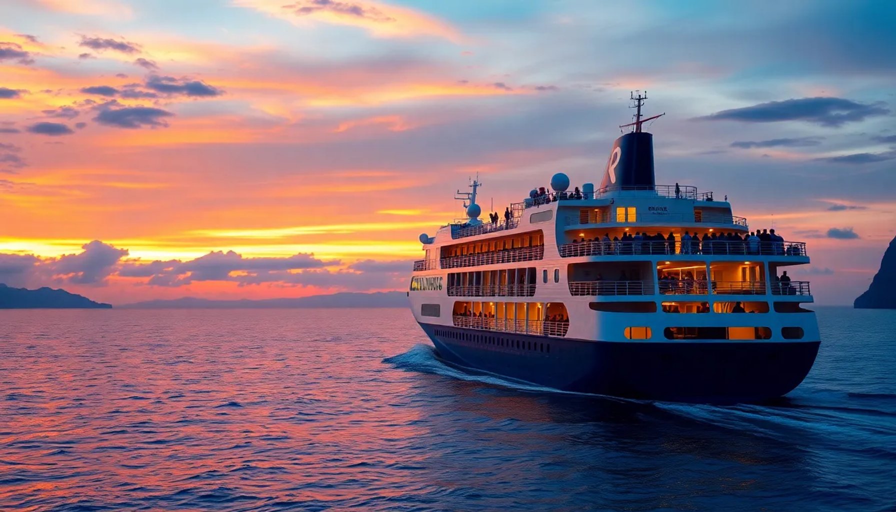 Turistas en cubierta de crucero frente a la costa de Argentina, Chile y Uruguay