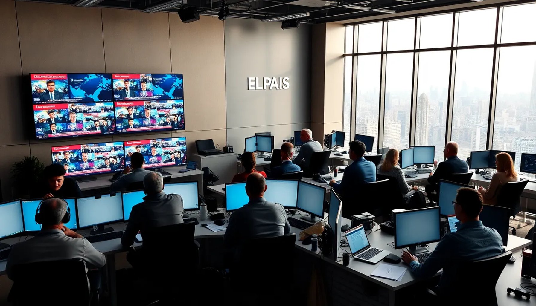 Ilustración de una redacción moderna con pantallas, periodistas trabajando y el logo de El País en fondo