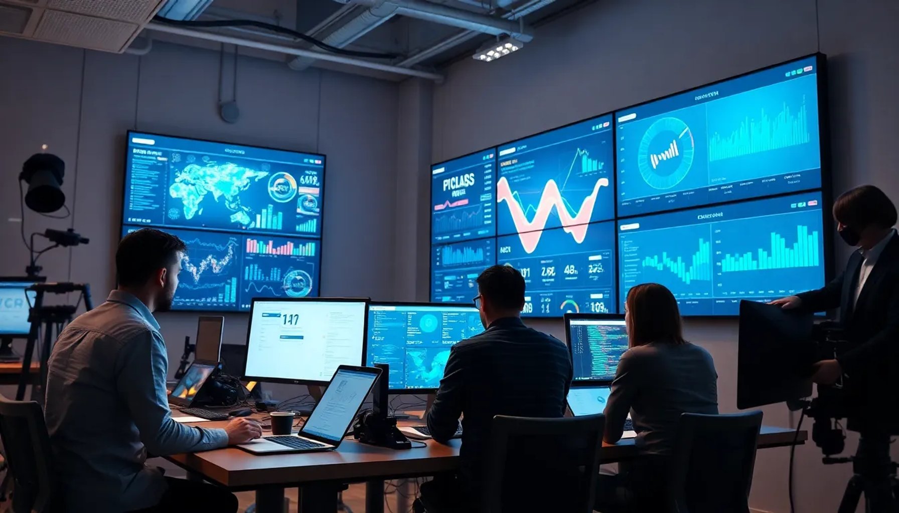 Imagen del equipo editorial de El País trabajando en una sala de datos con pantallas de inteligencia artificial