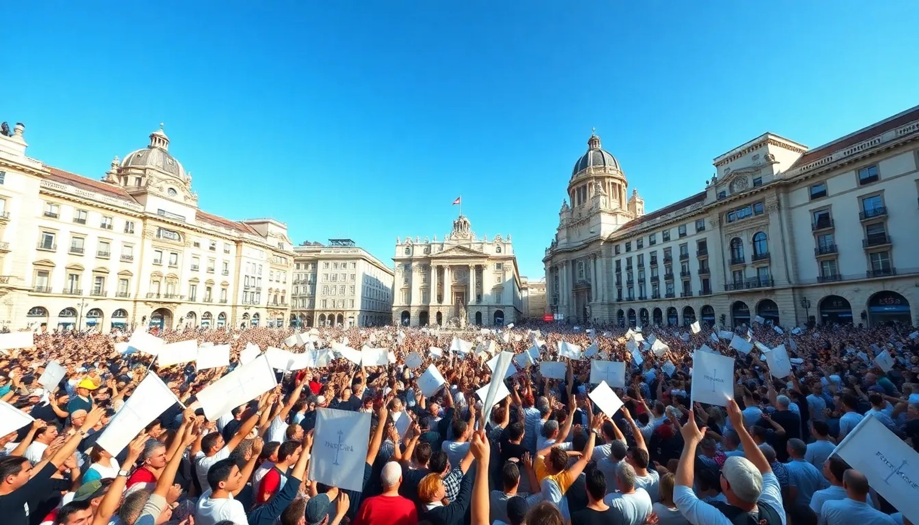 Multitud de madrileños esperando la llegada del Papa Francisco en la Plaza de Cibeles