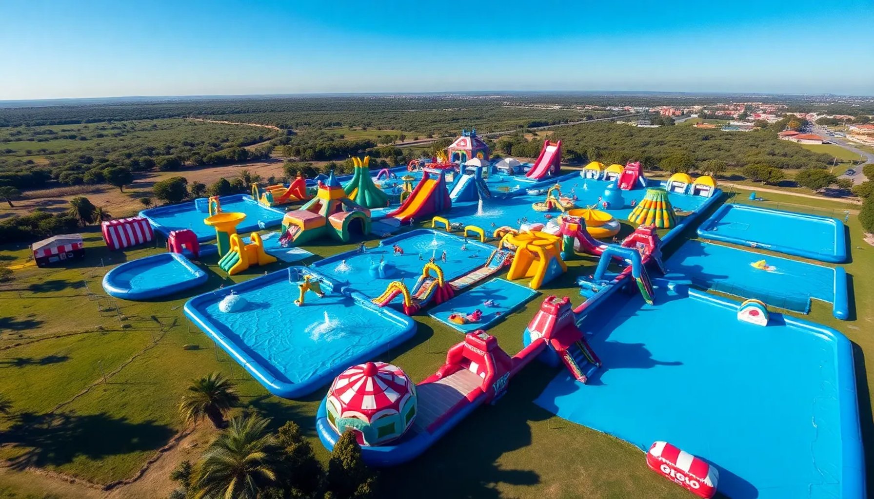 Vista aérea del parque acuático hinchable más grande de España con sus diversas atracciones inflables bajo un cielo despejado
