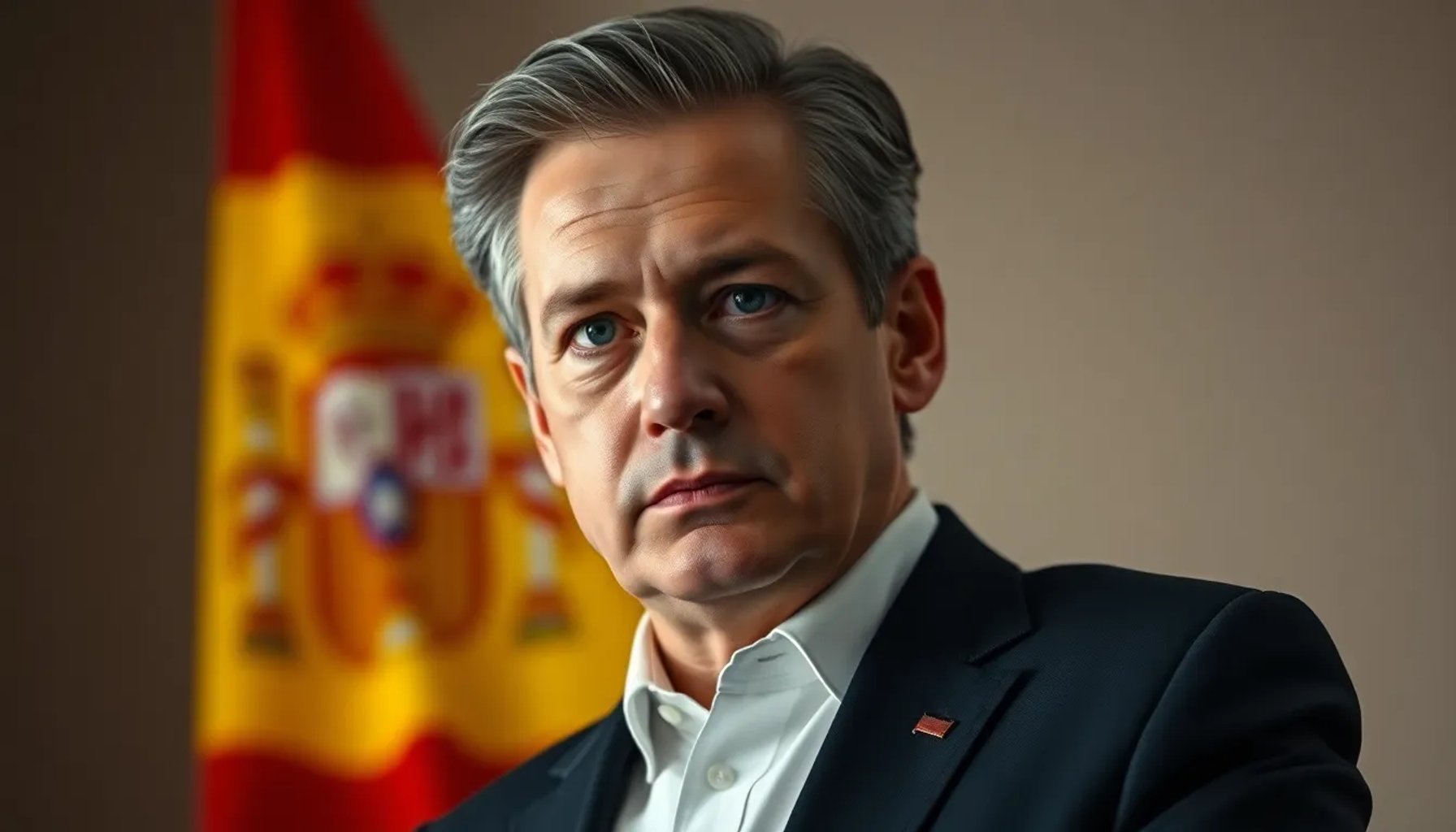 Vito Quiles, político español del Partido Popular, mirando pensativo frente a la bandera de España