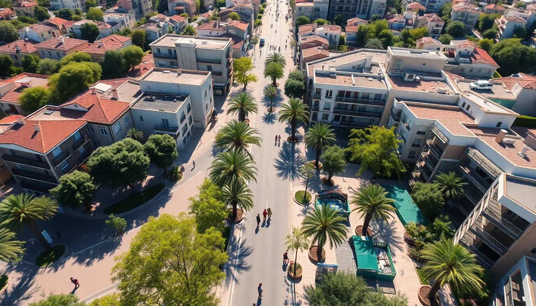 Vista aérea de un barrio renovado bajo el Plan Regenera, con zonas verdes y edificios modernizados