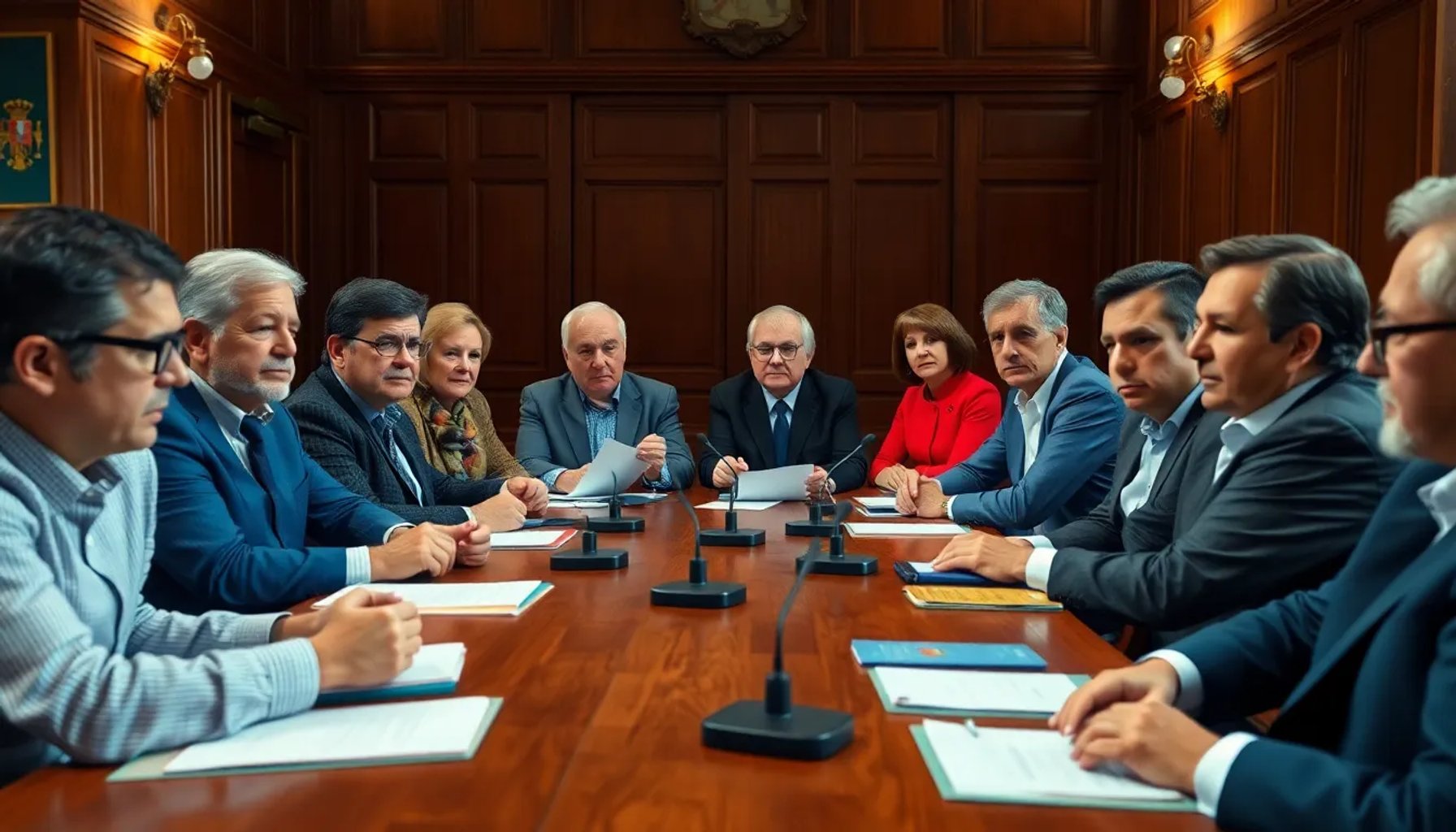 Reunión de dirigentes del PSOE andaluz en una sala de conferencias, mostrando gesto de preocupación y debate