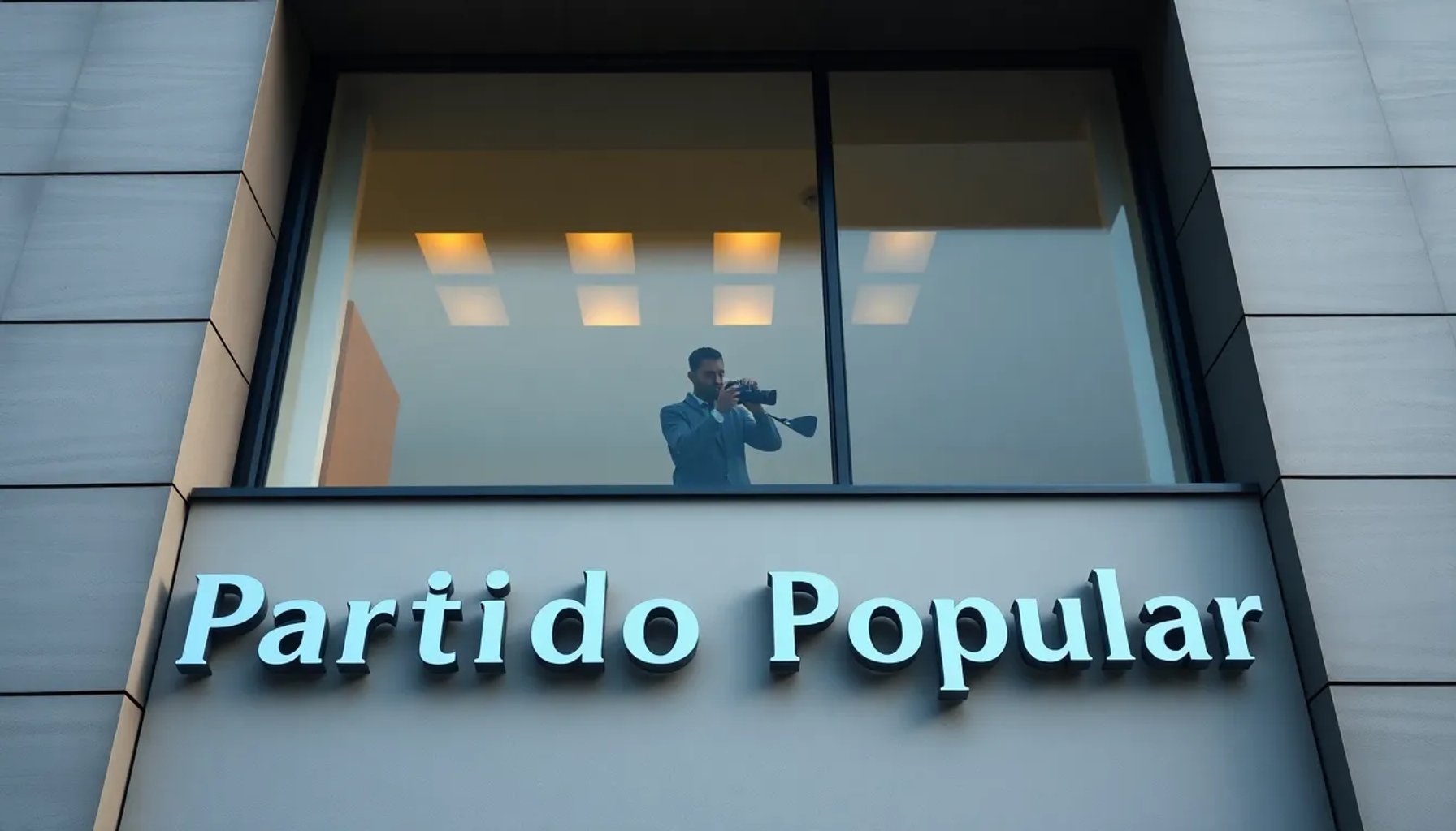 Fachada de un edificio del Partido Popular con una cámara de video apuntando desde una ventana