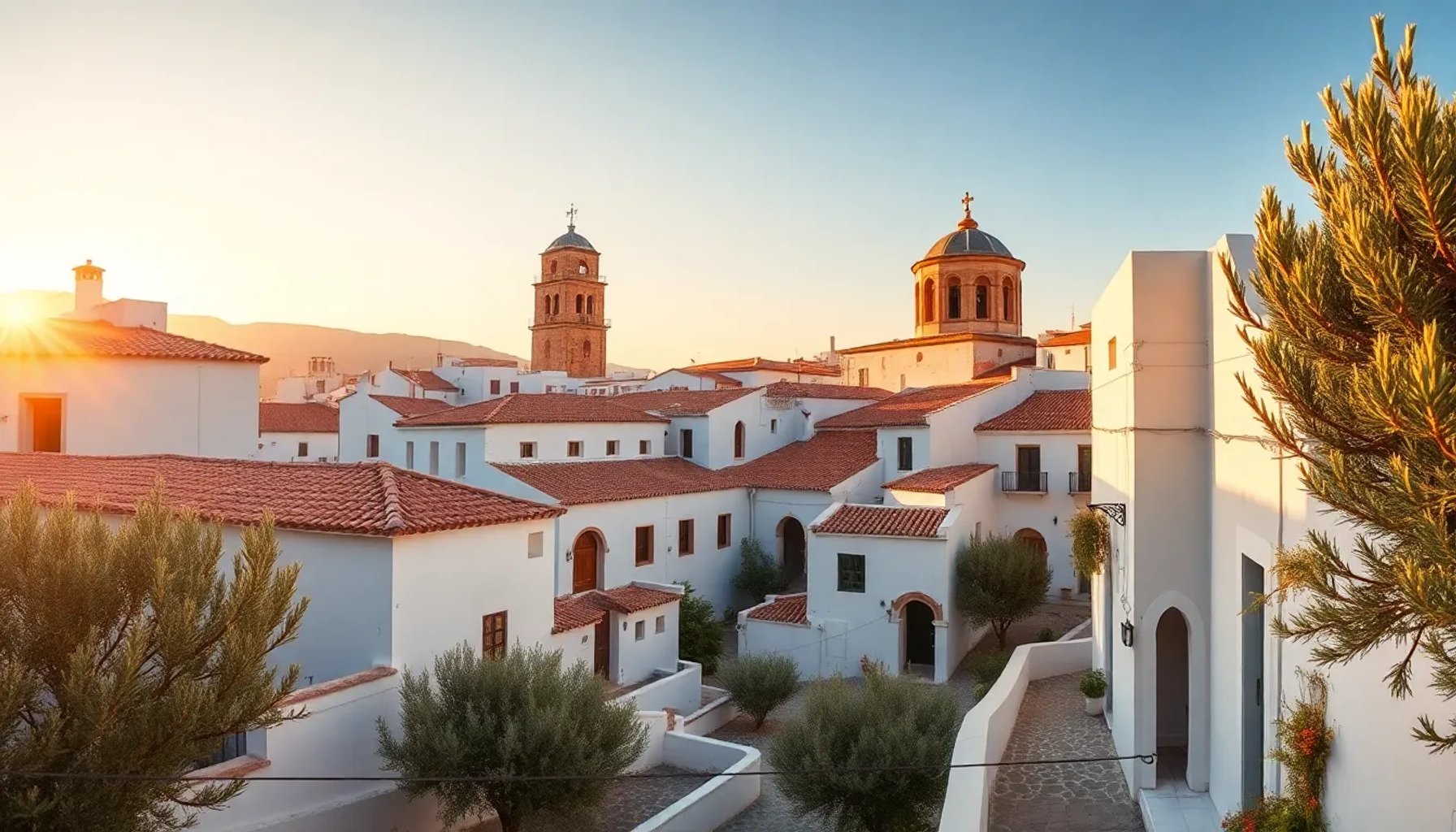 Vista panorámica de un pueblo blanco andaluz con casas encaladas y torre mudéjar al atardecer
