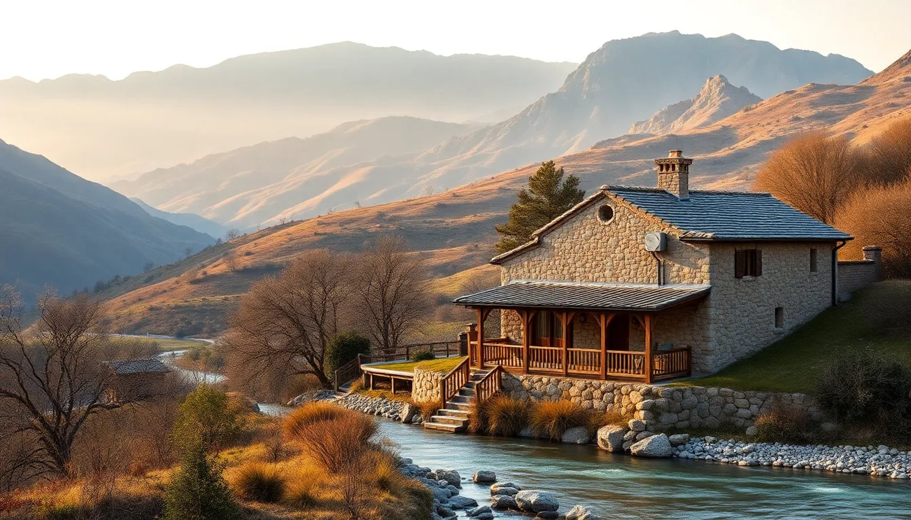 Casa rústica rodeada de montañas y dehesas en el Valle del Tiétar, Ávila, al atardecer