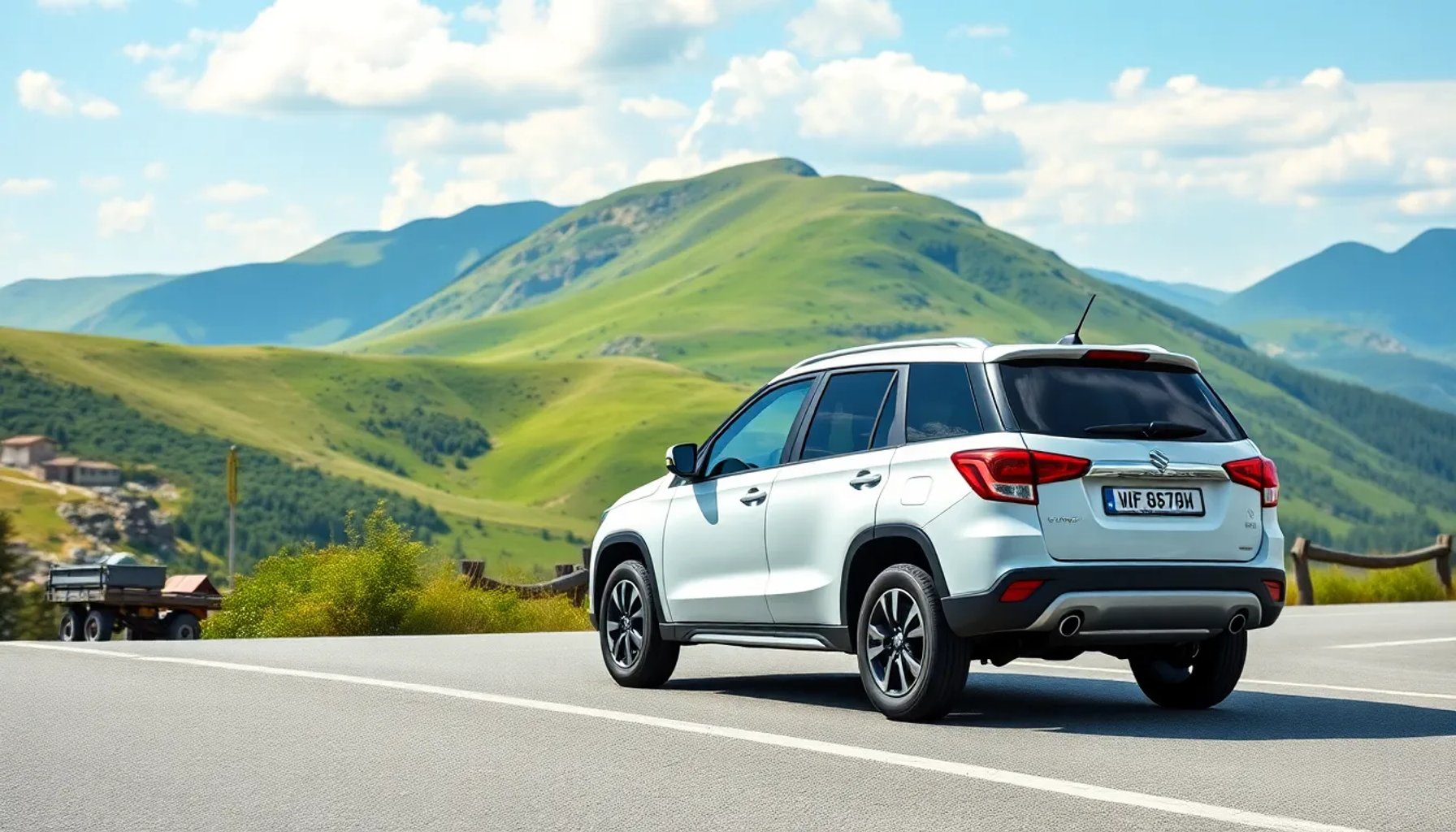 Suzuki Vitara 4x4 blanco circulando por una carretera de montaña con paisaje europeo