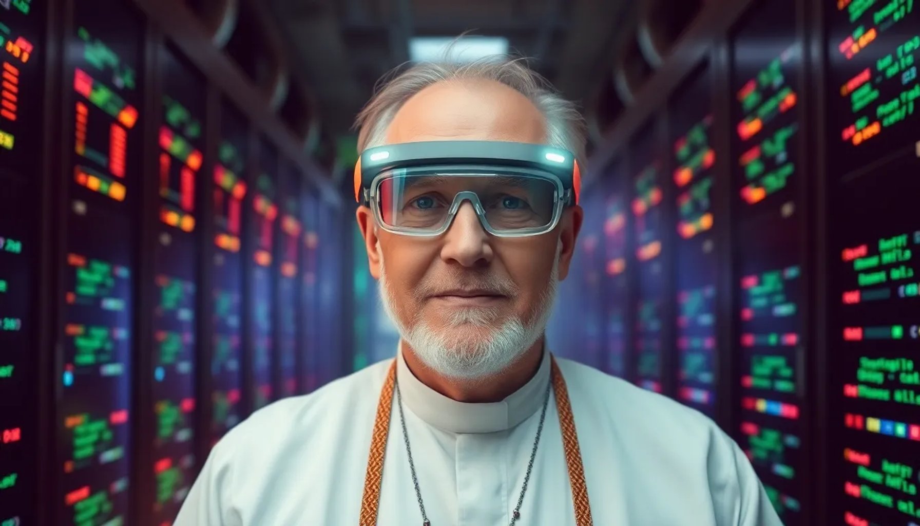 Imagen de un líder religioso con gafas de realidad aumentada frente a un fondo de data centers y código