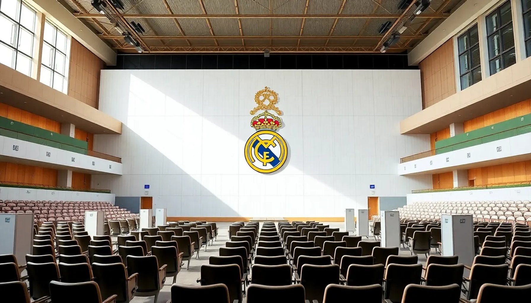 Interior de la Ciudad Real Madrid en Valdebebas preparado para las elecciones presidenciales del club blanco