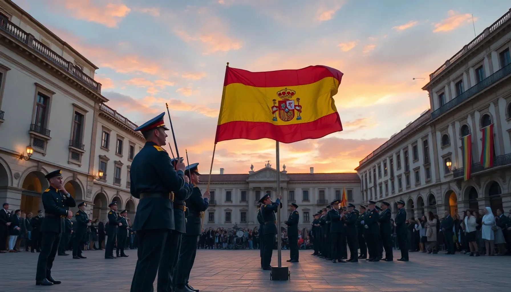 Militares realizando el arriado de la bandera española durante el Día de las Fuerzas Armadas