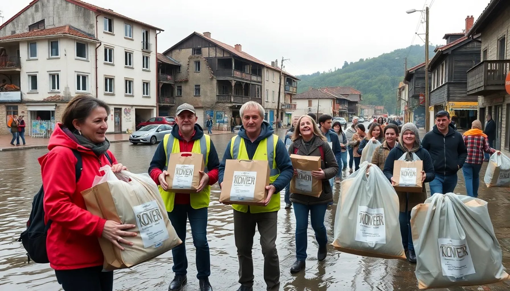 Voluntarios repartiendo kits de ayuda a familias afectadas por inundaciones en una calle del País Vasco