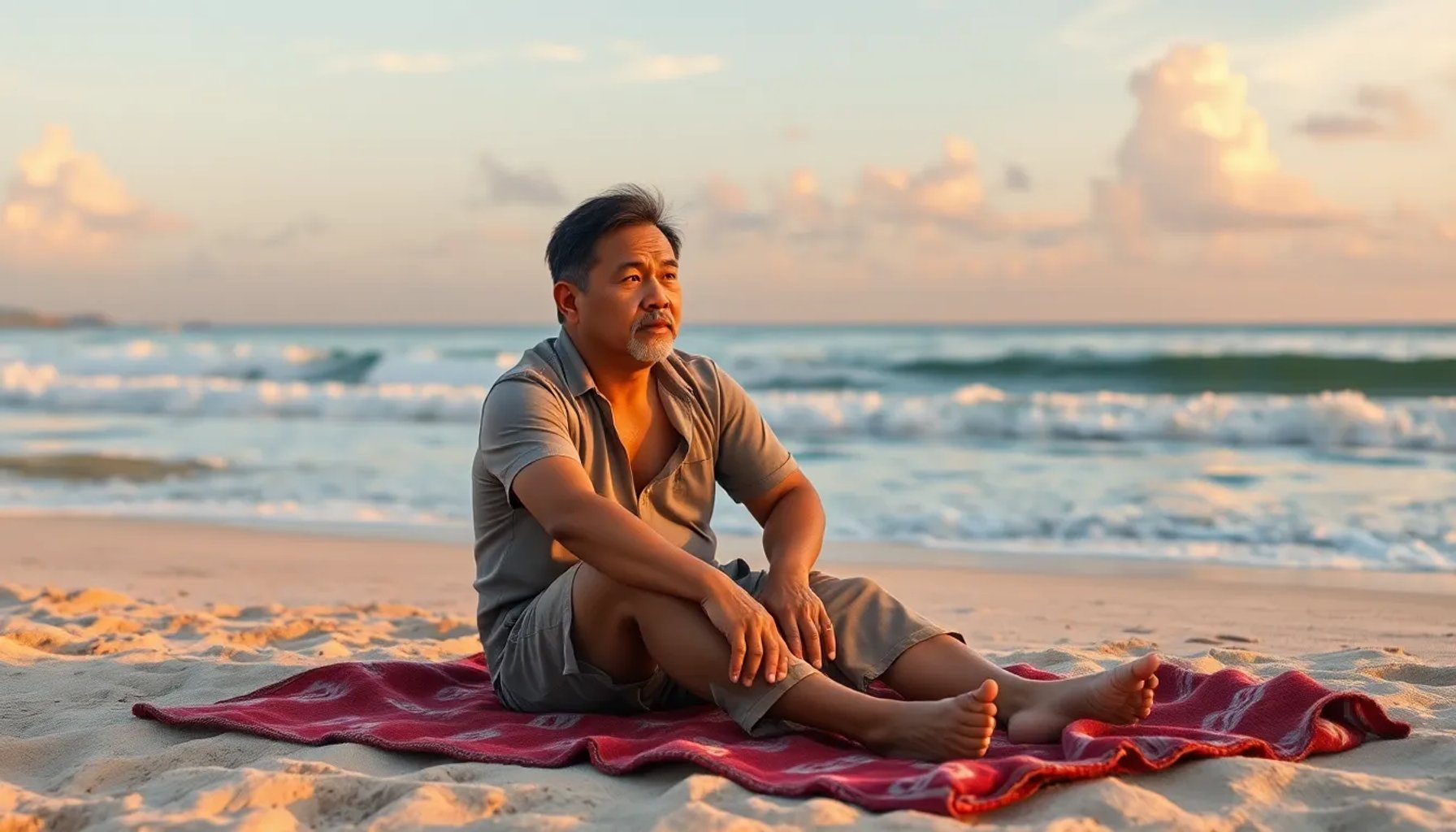 Juanito sentado en una toalla en la playa al atardecer, mirando el mar con expresión reflexiva
