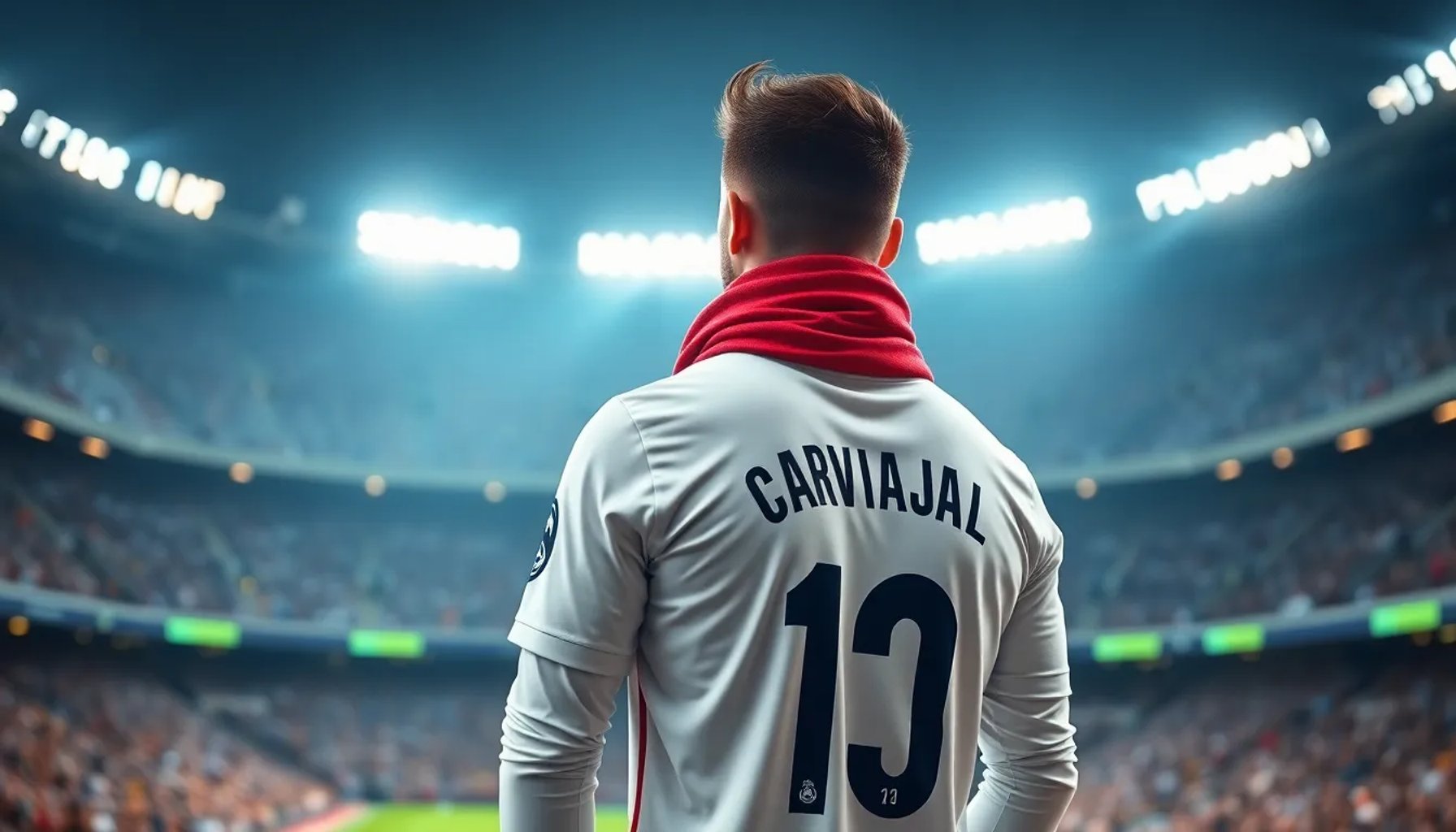Enrique Riquelme vistiendo la camiseta de Dani Carvajal frente al estadio Santiago Bernabéu