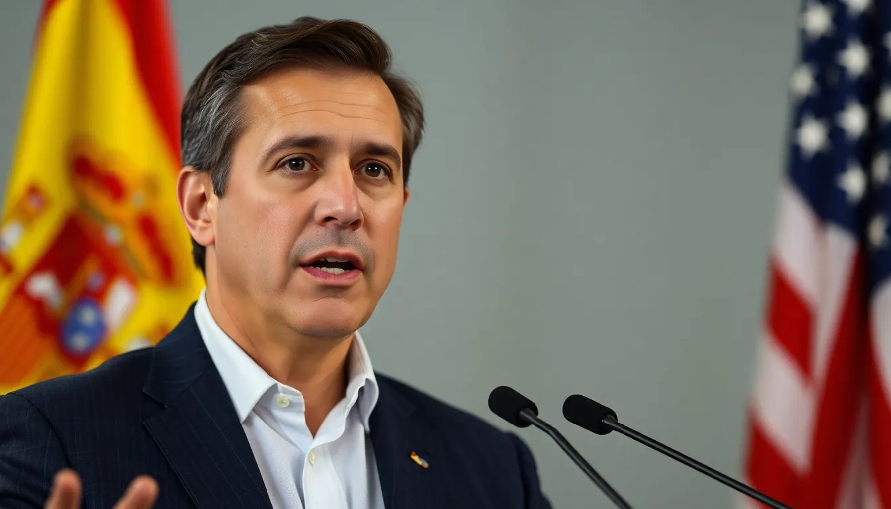 Enrique Santiago hablando en una rueda de prensa, con banderas de España y EE.UU. difusamente al fondo