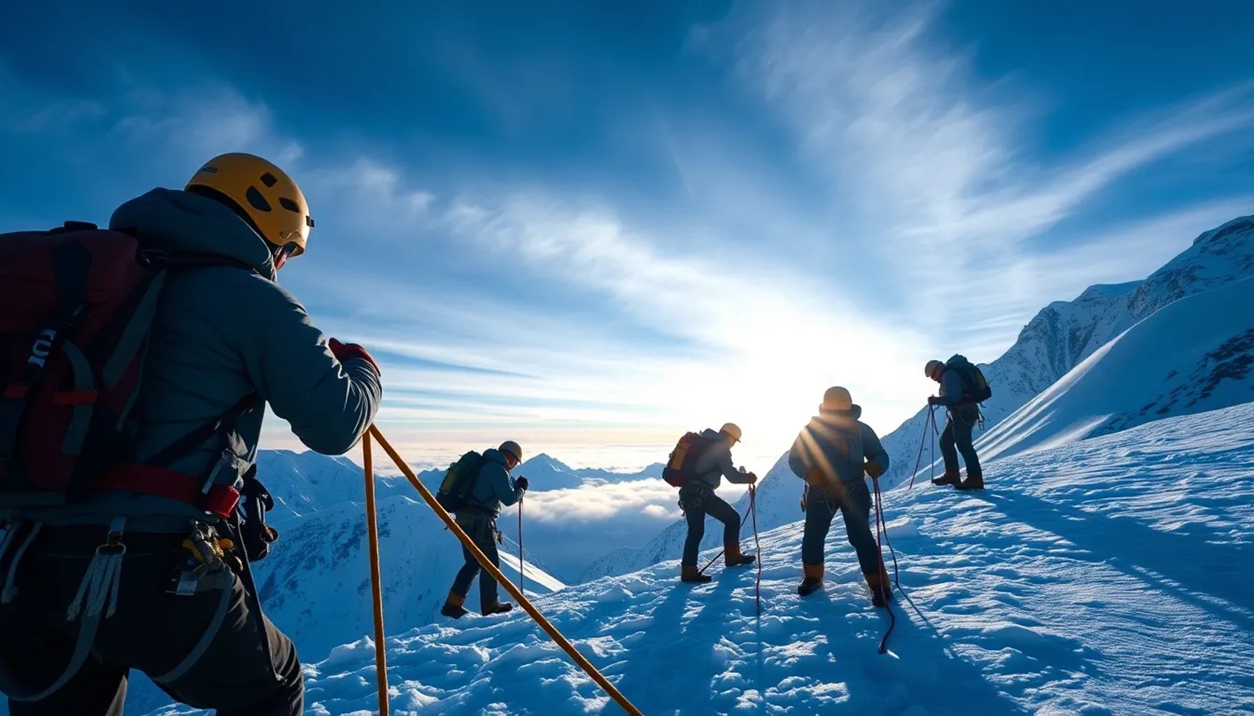 Equipo de fijación instalando cuerdas en la zona C4 del Monte Everest, con fondo nevado