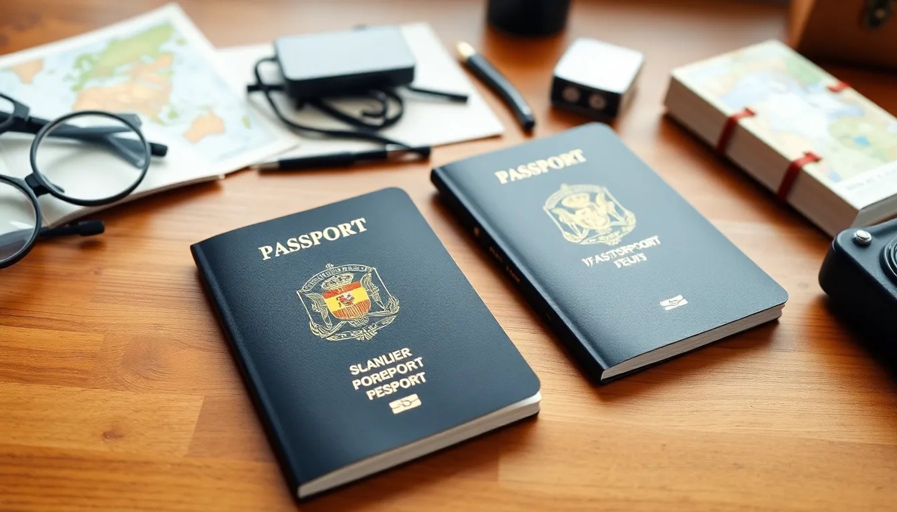 Pasaportes abiertos sobre una mesa con sellos de entrada y salida de España e Italia