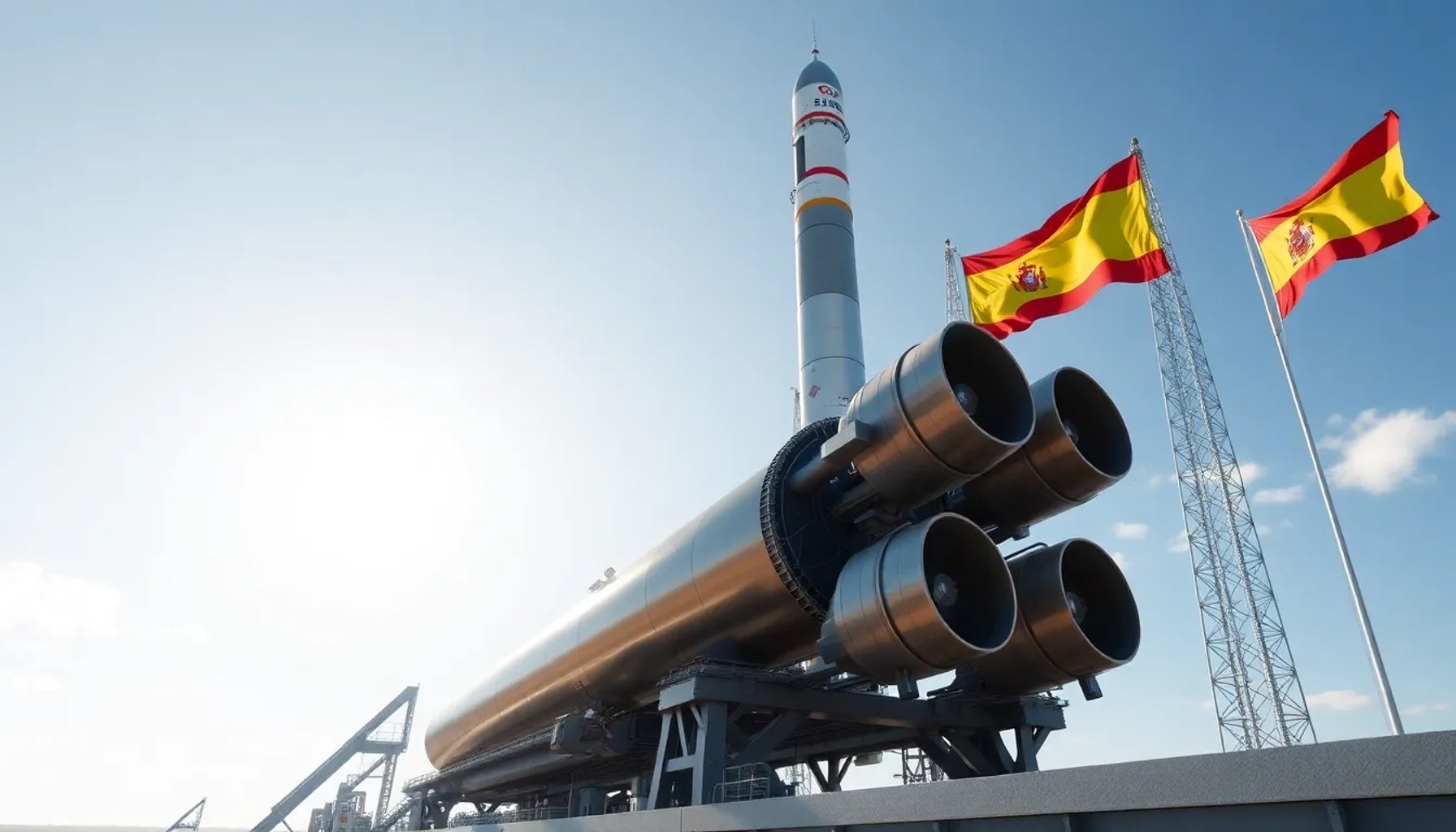Cohete Miura 5 en la plataforma de lanzamiento con la bandera de España ondeando al fondo bajo un cielo despejado