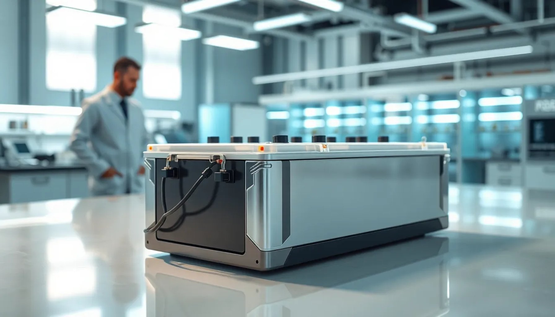 Batería de coche eléctrico de última generación sobre una mesa de laboratorio en España