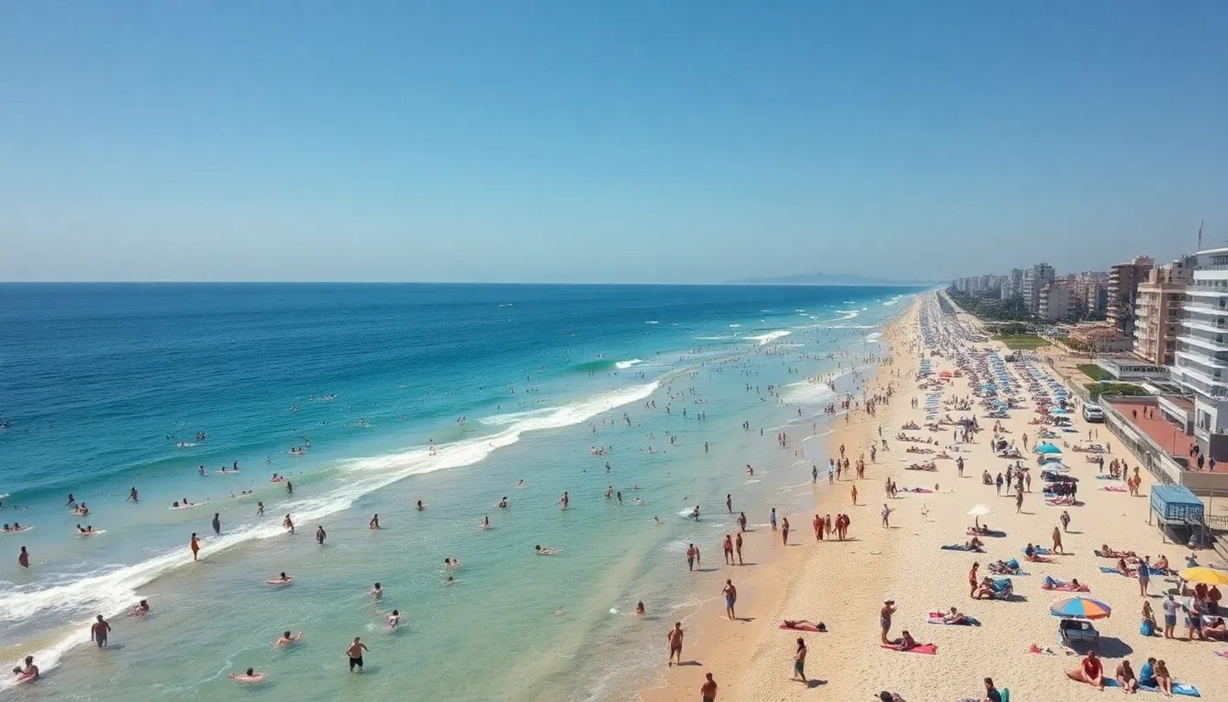 Vista aérea de una playa española llena de turistas extranjeros disfrutando del sol y el mar