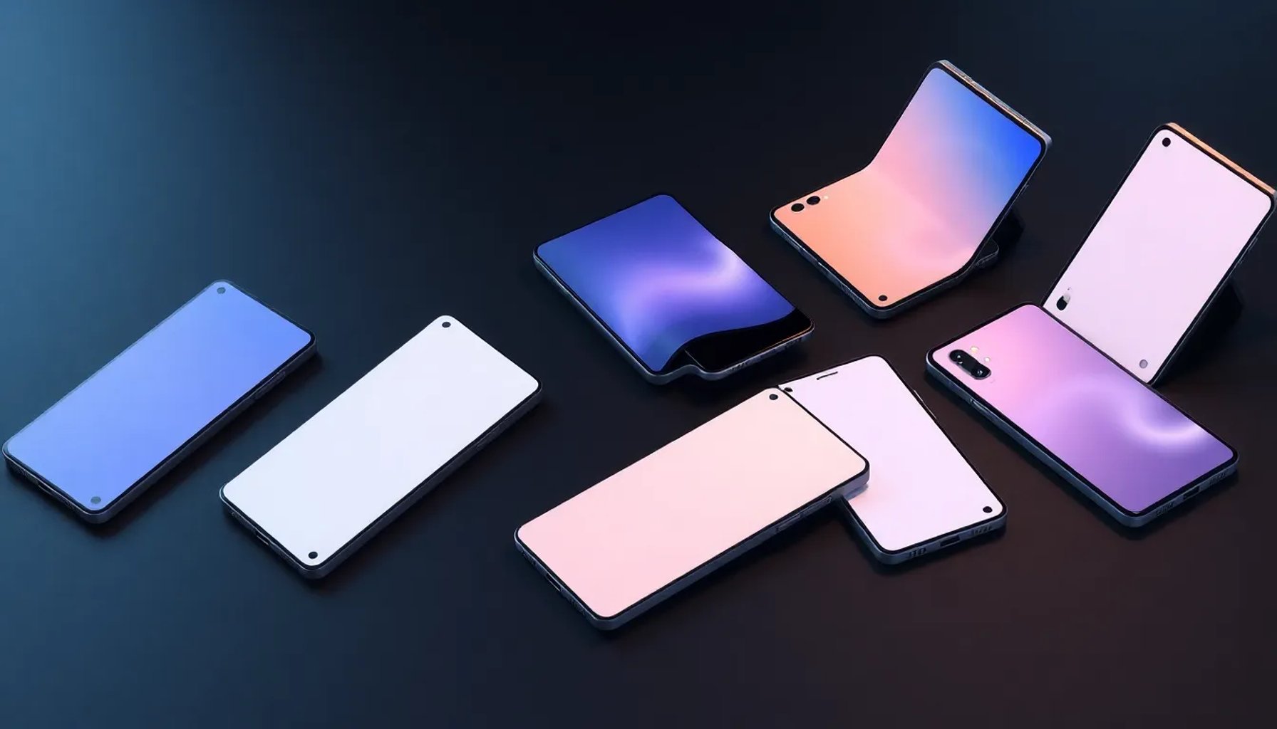 Varios modelos Samsung Galaxy alineados, mostrando sus pantallas y diseño elegante