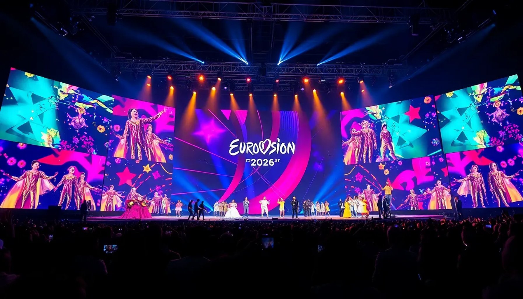 Escenario iluminado de la segunda semifinal de Eurovisión 2026 con artistas de varios países bajo luces multicolores