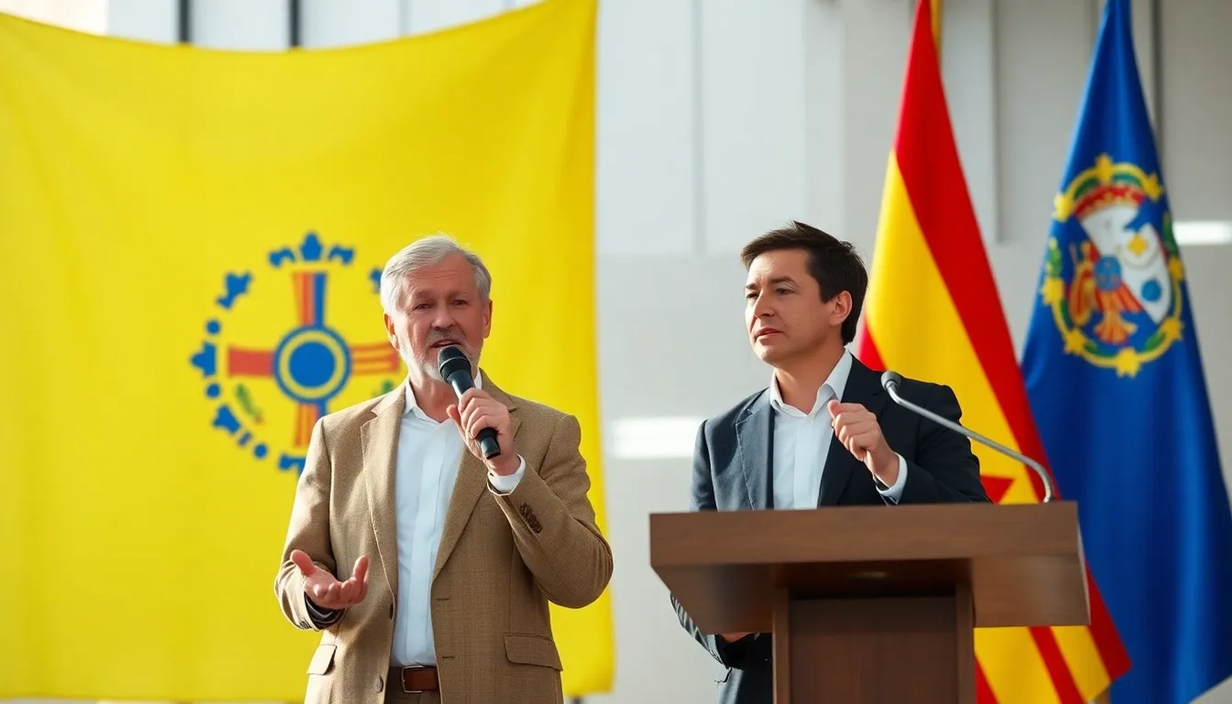 Exdirigentes de Podemos en una rueda de prensa anunciando partidos soberanistas en Canarias y Asturias, con banderas regionales de fondo