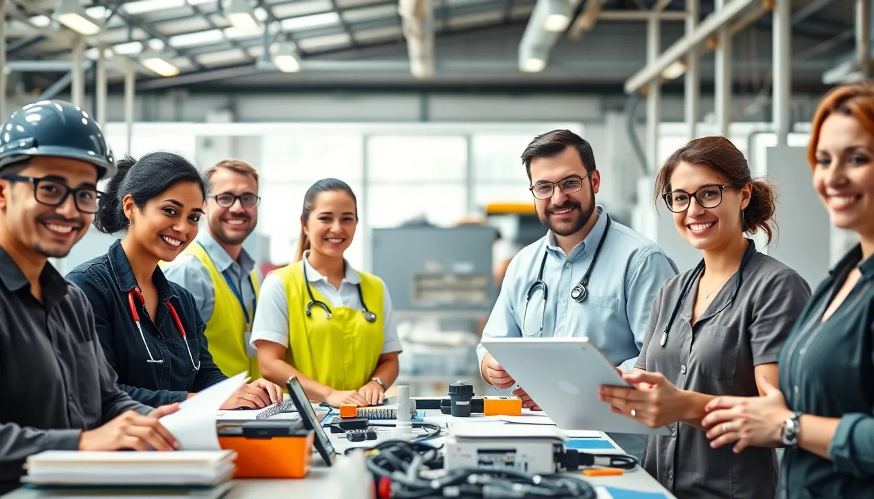 Grupo diverso de trabajadores de distintas industrias sonriendo mientras realizan sus labores en un entorno moderno
