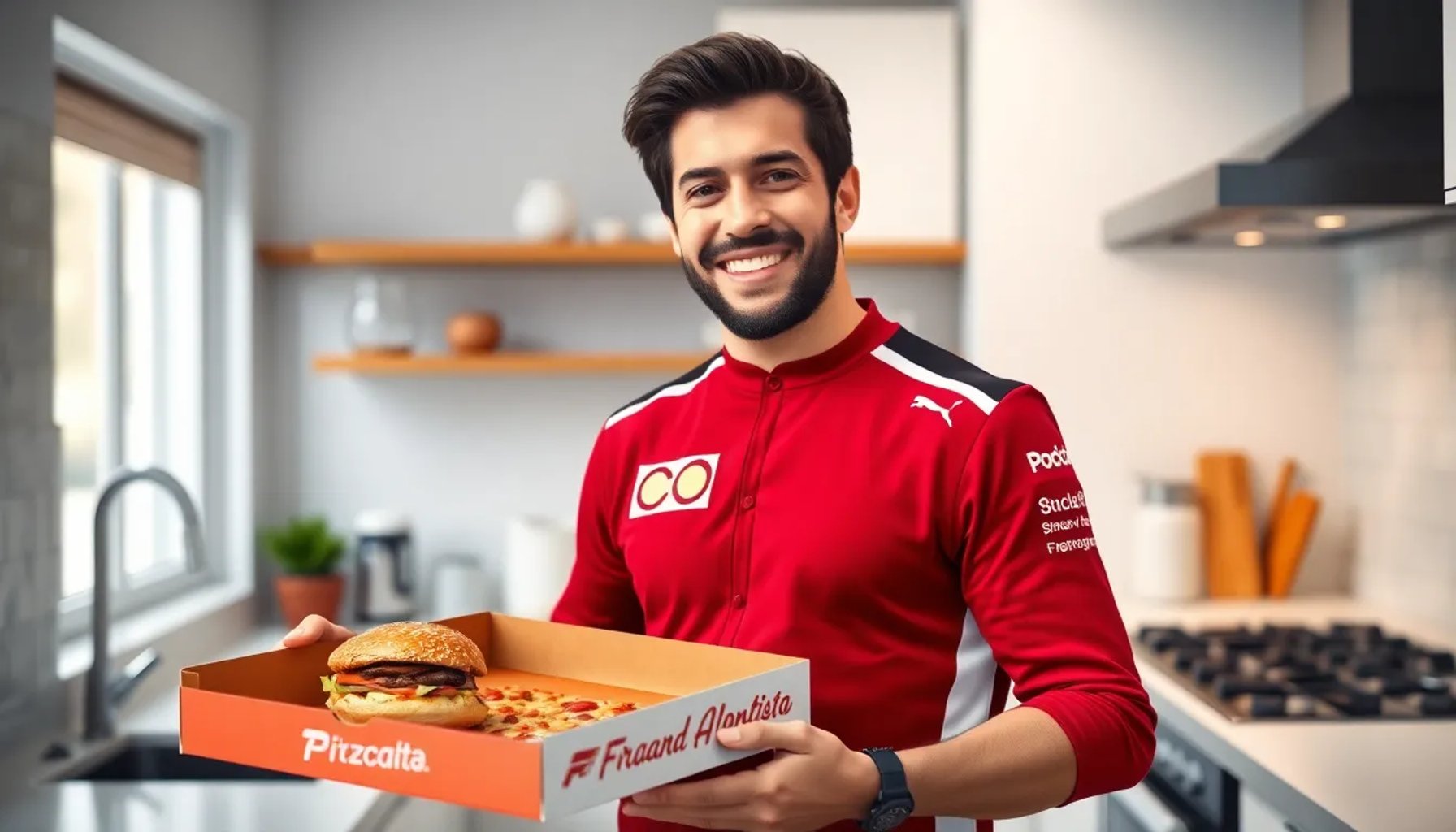 Fernando Alonso de pie en su casa, con una caja de pizza y una hamburguesa en la mano, sonriendo relajado