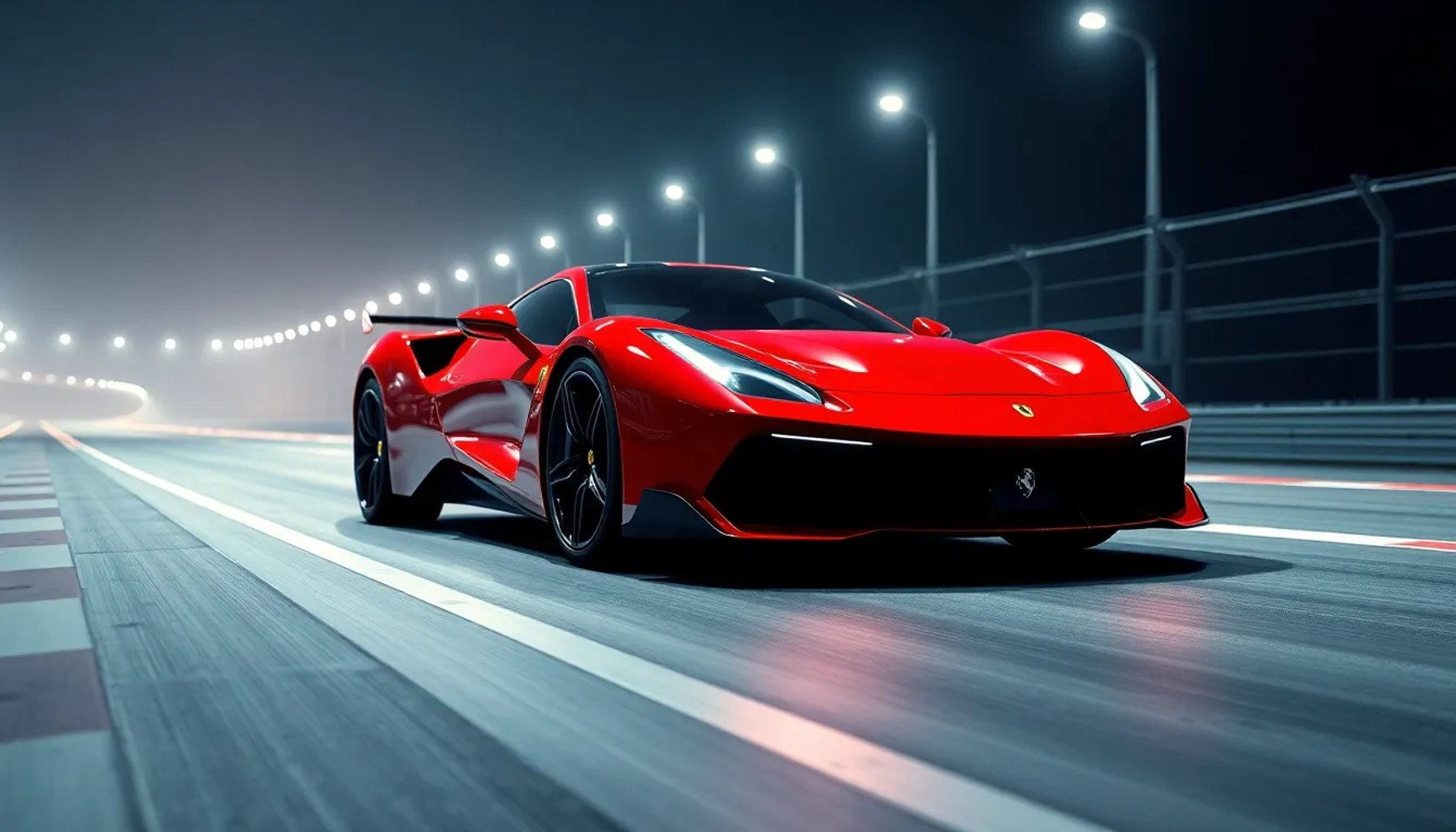 Ferrari eléctrico de lujo en exposición, con diseño aerodinámico y luces LED bajo un fondo de pista nocturna