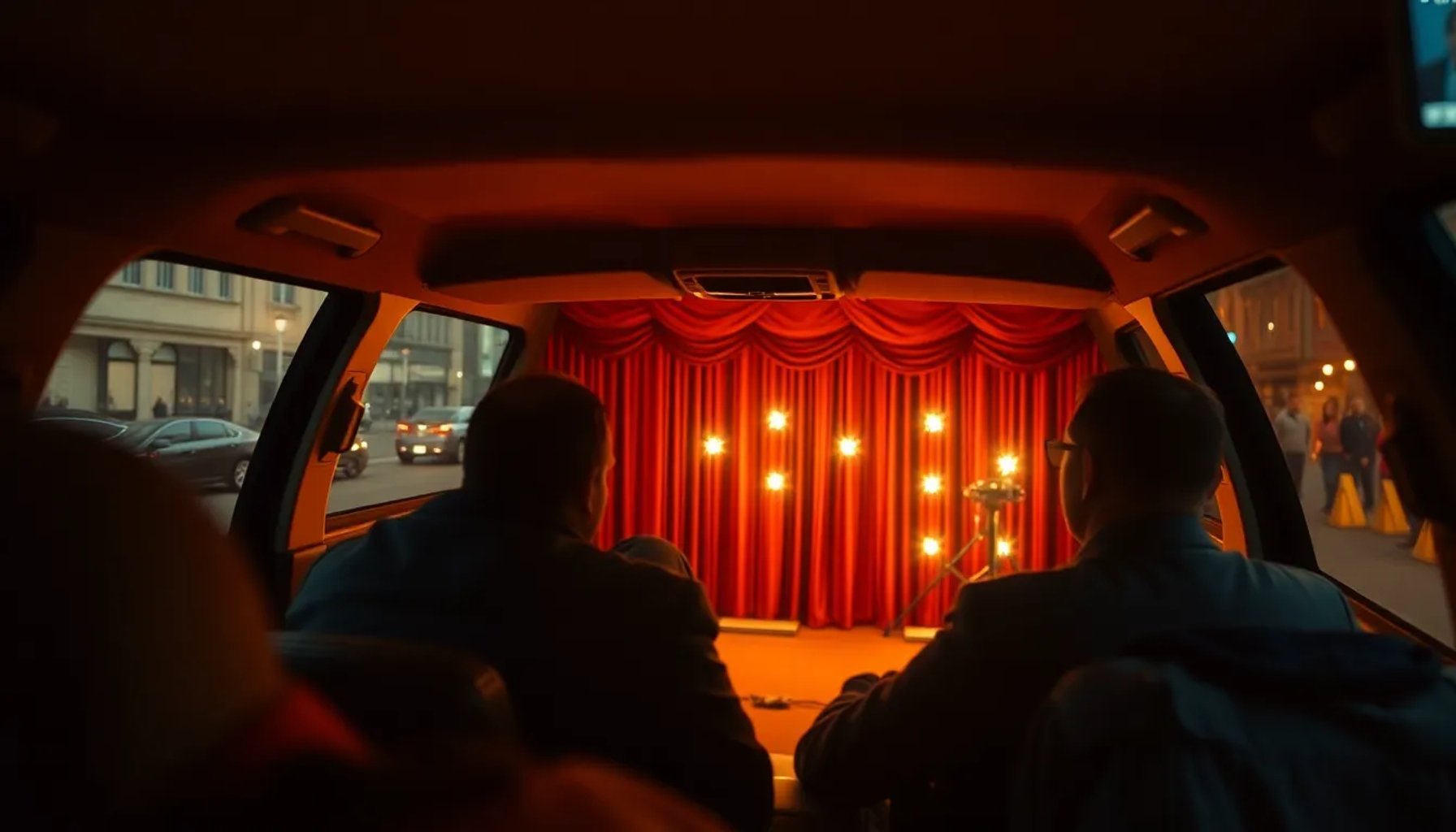 Escena de la obra "Taxi" del Festival de Teatro de Bolsillo 2026, con actores en un pequeño escenario urbano