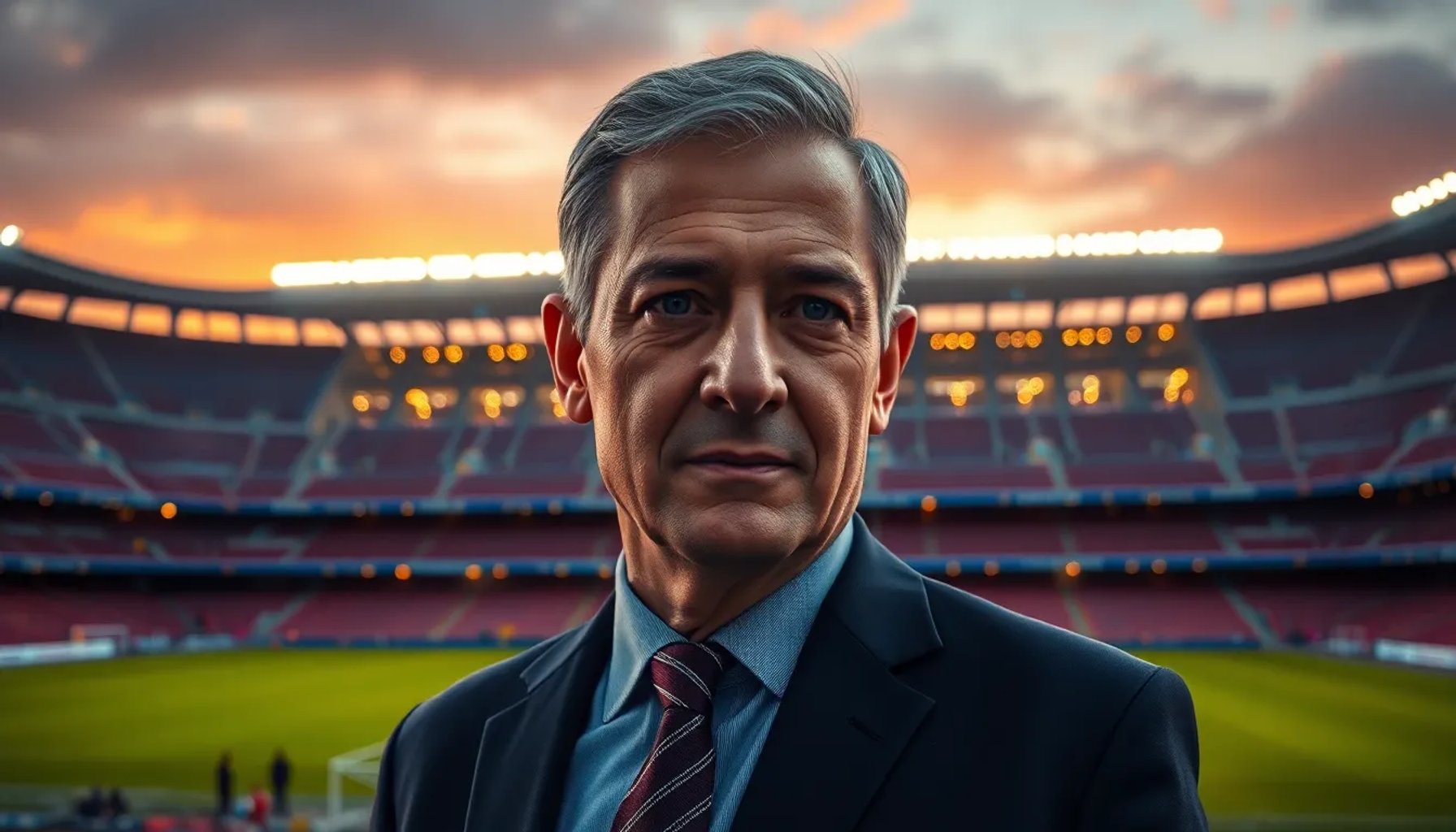 Florentino Pérez mirando el estadio Santiago Bernabéu recién remodelado al atardecer
