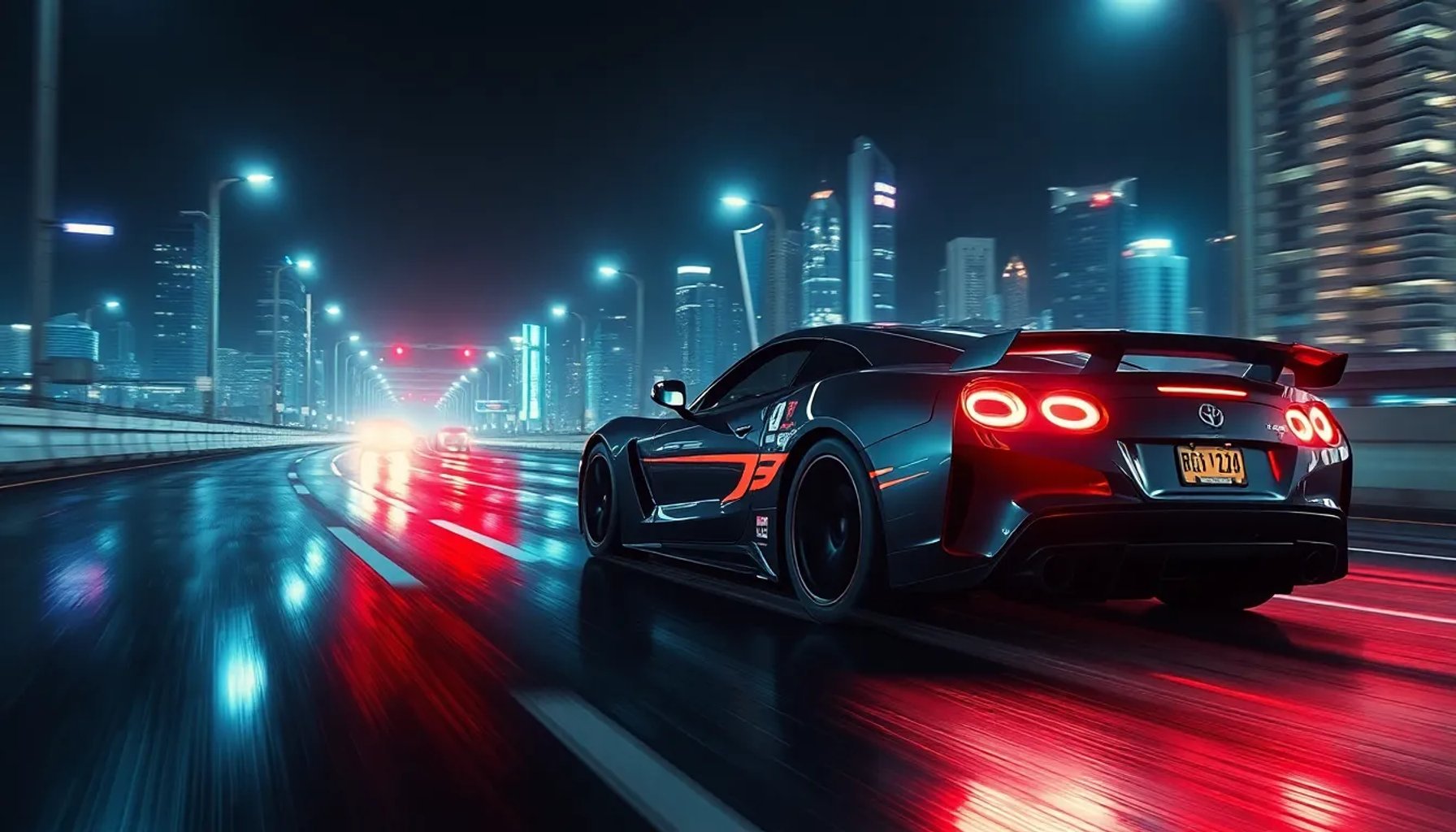 Coche de carreras brillante bajo luces de neón en una carretera con reflejos realistas y efectos de ray tracing