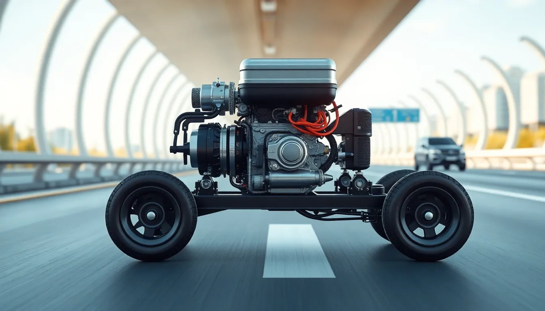Motor de gasolina compacto del tamaño de una maleta instalado en un coche elegante, simbolizando autonomía de 1.400 km