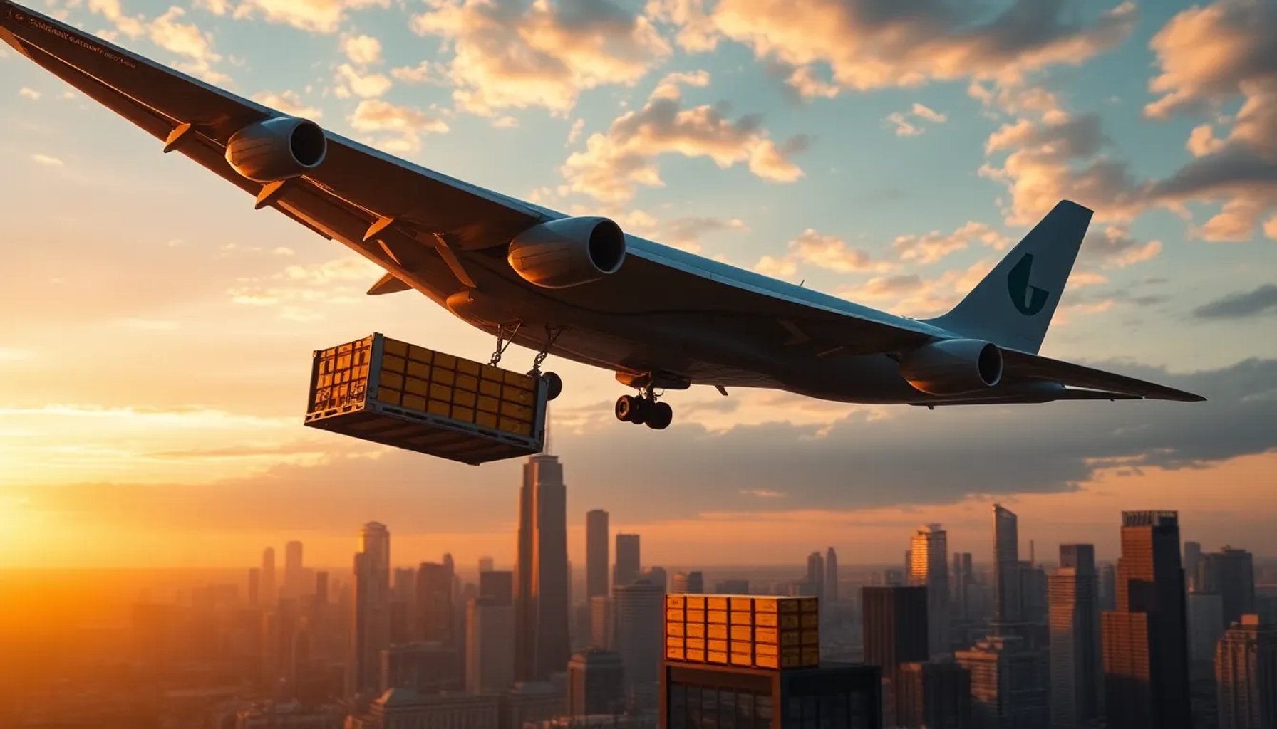 Avión de carga sobrevolando una ciudad con cajas de oro a la vista, simbolizando el tráfico ilícito de metales preciosos