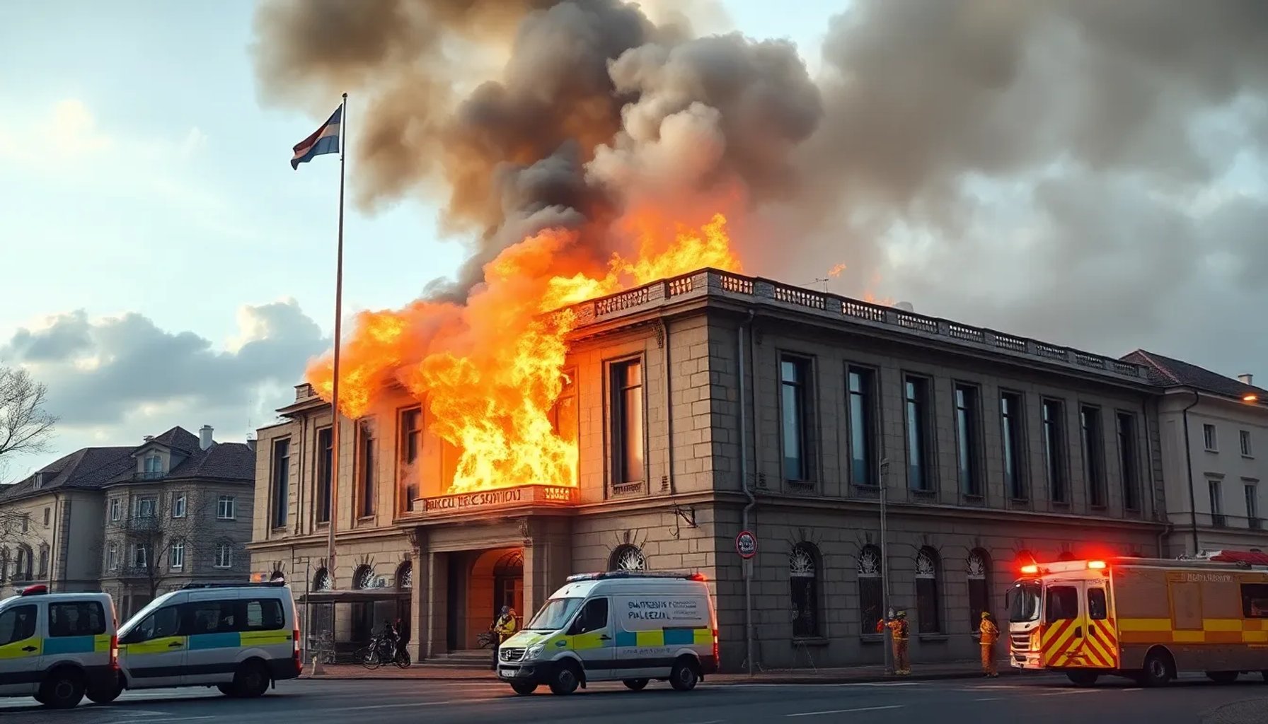 Incendio en la fachada de la Comisaría de Santiago de Compostela con bomberos y humo denso