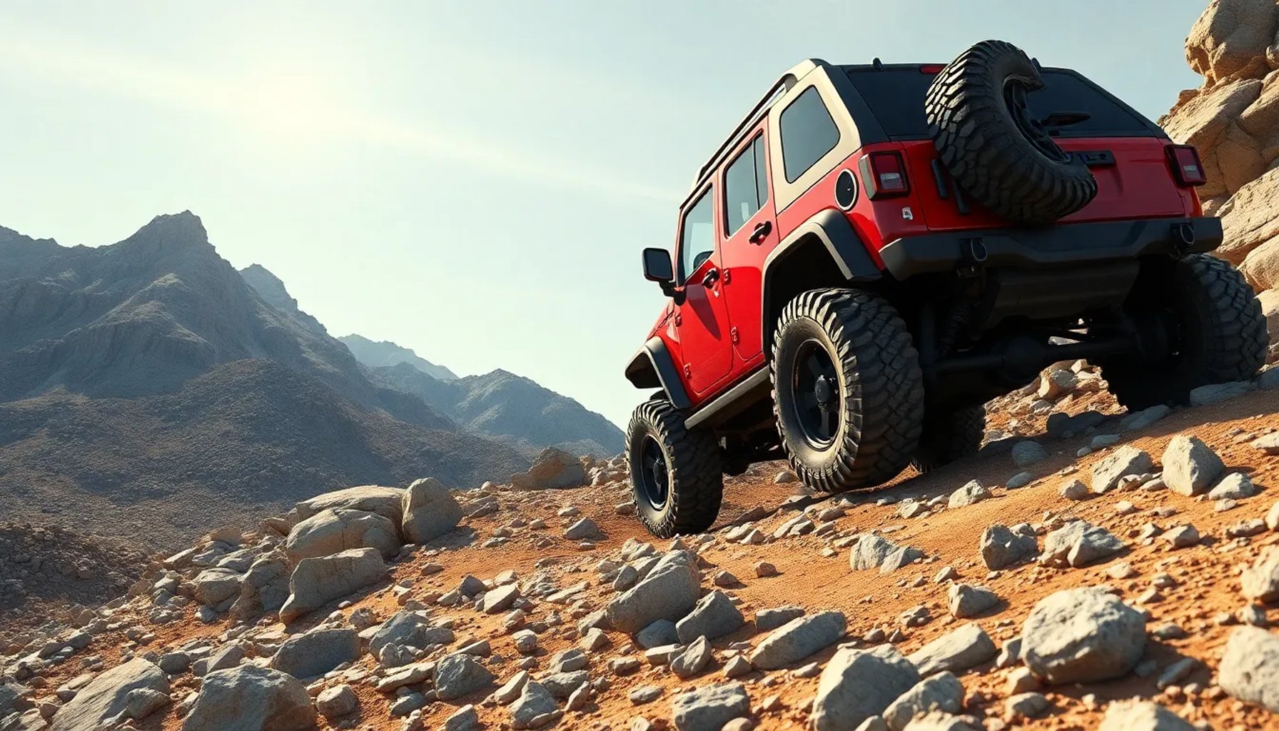 Galloper 4x4 rojo sobre terreno rocoso, mostrando su caja reductora y tracción total