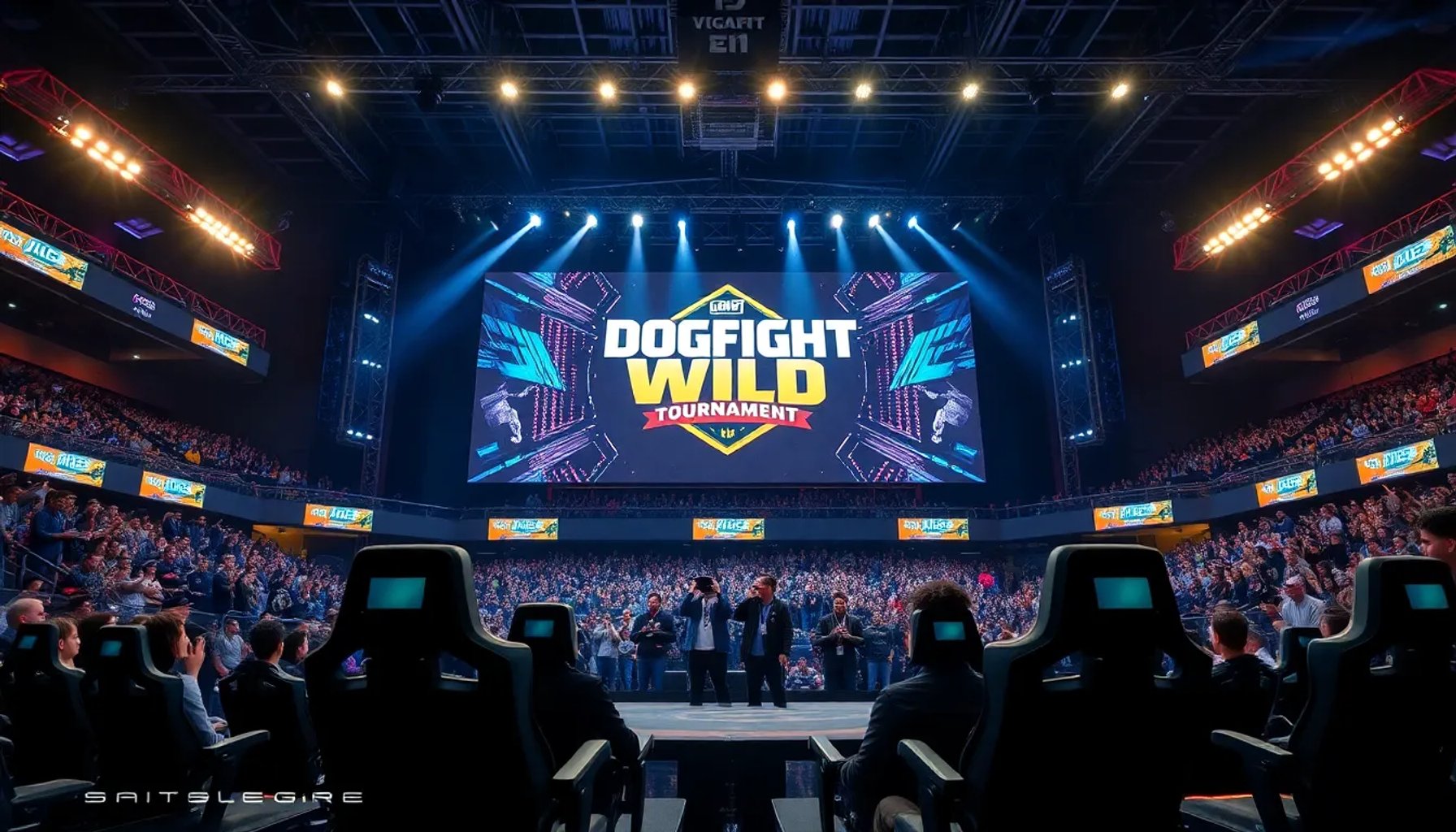 Escena del Dogfight Wild Tournament 4 en el estadio Vistalegre con luces y jugadores en acción