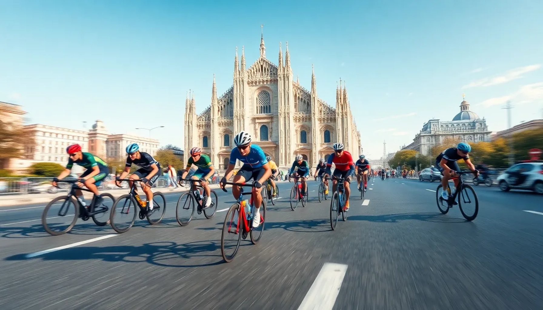 Ciclistas sprintando en la última recta del Giro de Italia 2026, con el Duomo de Milán de fondo