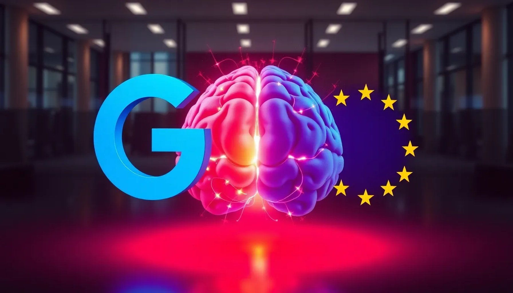 Imagen que muestra el logo de Google frente al símbolo de la Unión Europea, simbolizando el conflicto por la IA