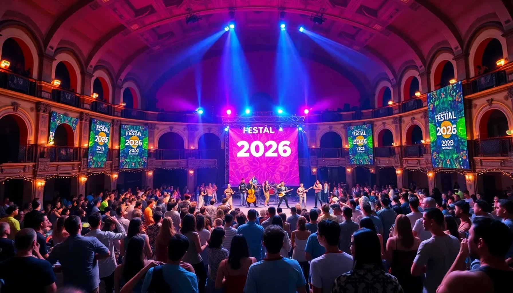 Escena nocturna del Auditorio Corazón de La Mancha iluminado durante la fiesta de bienvenida a Festial 2026