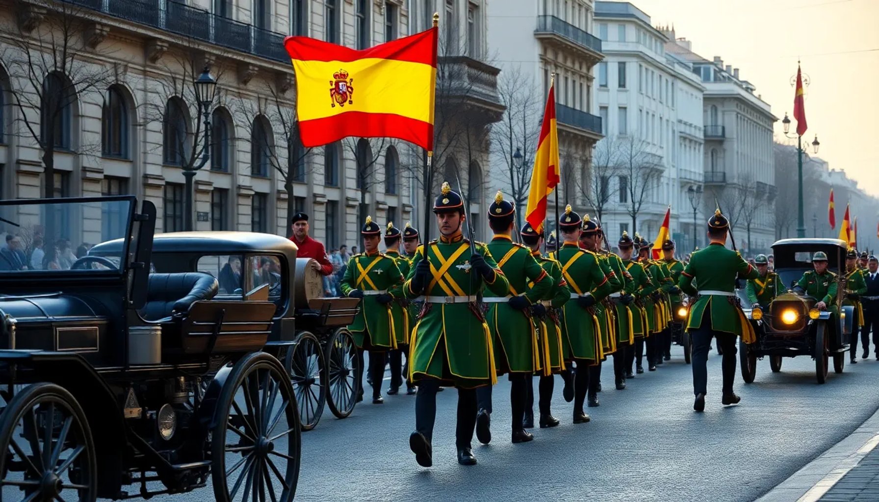 Desfile de la Guardia Civil en Madrid durante la celebración del 182º aniversario, con uniformes tradicionales y vehículos oficiales