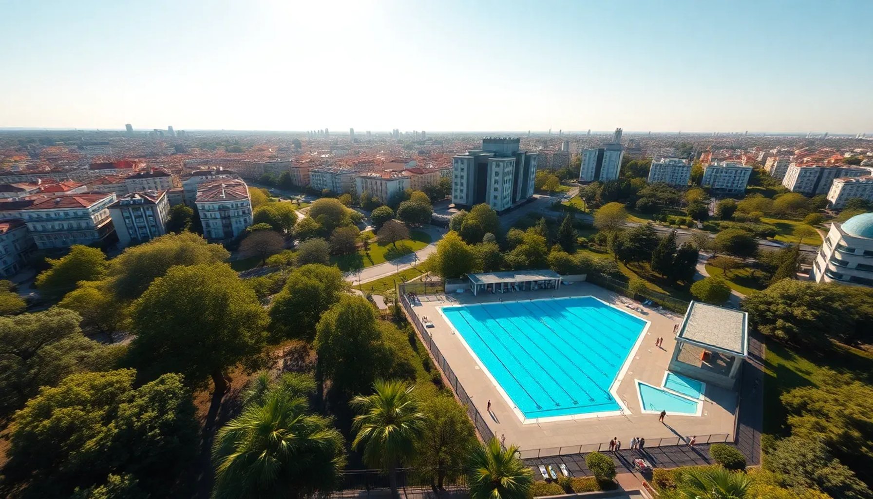 Vista aérea de una piscina municipal de Madrid rodeada de zonas verdes y edificios urbanos