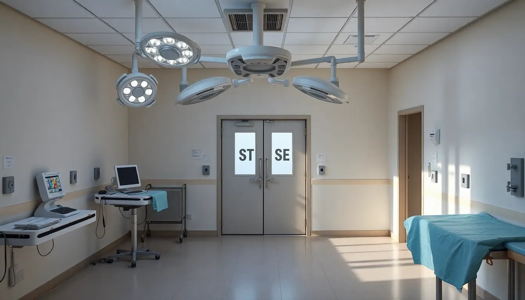 Imagen de un quirófano vacío con equipos médicos y una señal de huelga en la puerta