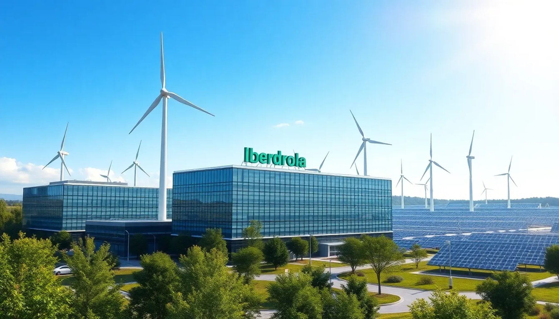 Imagen de la sede de Iberdrola con turbinas eólicas y paneles solares al fondo