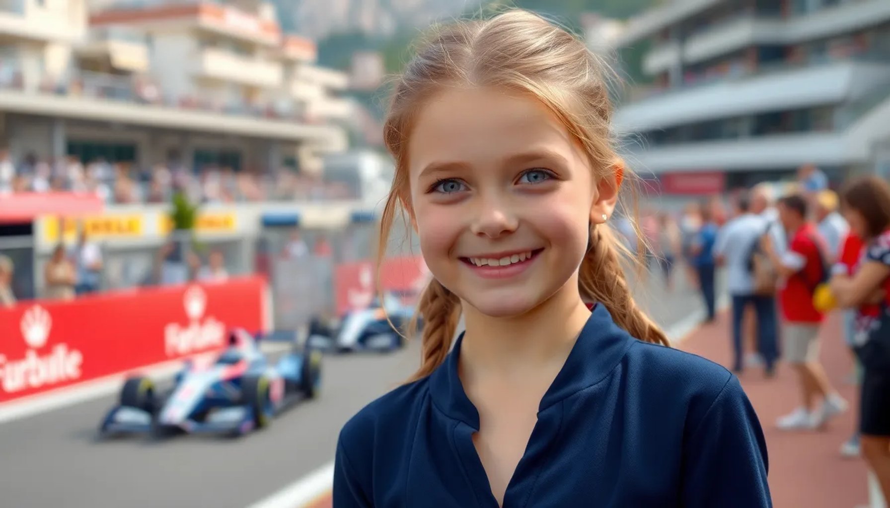 India Casiraghi sonriendo en el circuito del E‑Prix de Mónaco 2026, vestida de azul marino