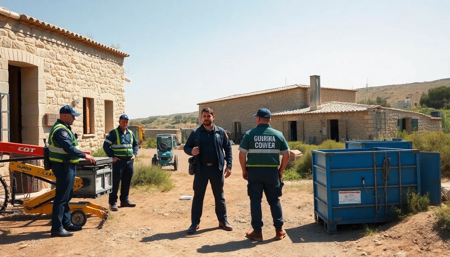 Agentes de la Guardia Civil inspeccionando una finca rústica en Formentera con maquinaria y contenedores visibles